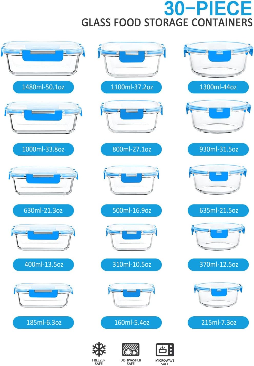 M MCIRCO 30 Pieces Glass Food Storage Containers with Snap Locking Lids,Glass Meal Prep Containers Set - Airtight Lunch Containers, Microwave, Oven, Freezer and Dishwasher