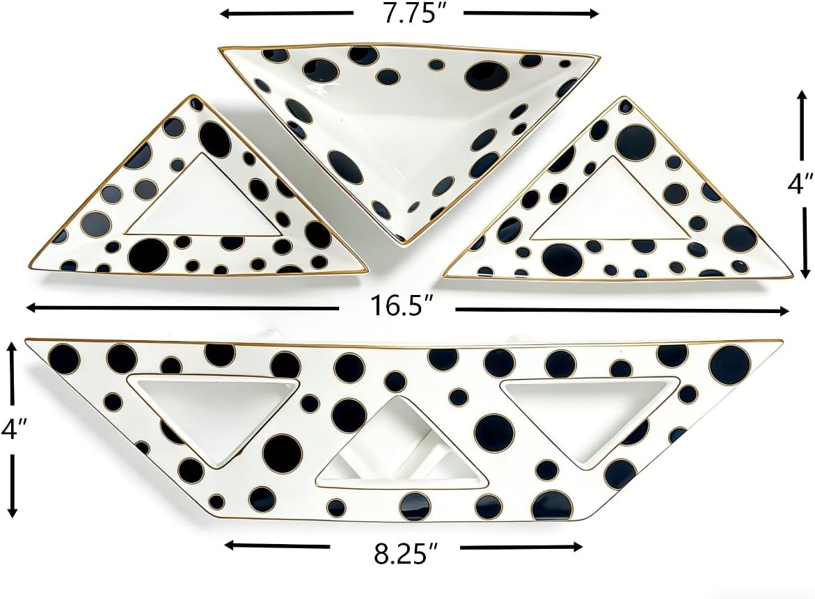 Porlien Triangle Porcelain Divided Serving Tray Set of 3 with Stand, Black and White Polka Dot Serving Platters, Small Plates for Desserts, Appetizers,Snacks, Fruits,Chips & Dip
