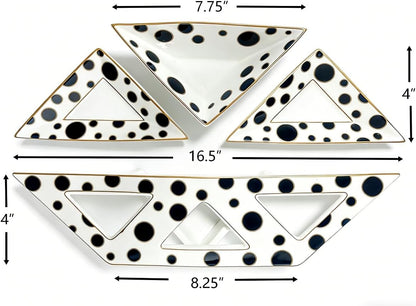 Porlien Triangle Porcelain Divided Serving Tray Set of 3 with Stand, Black and White Polka Dot Serving Platters, Small Plates for Desserts, Appetizers,Snacks, Fruits,Chips & Dip