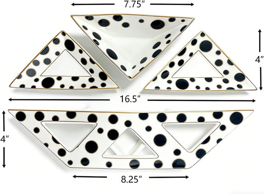 Porlien Triangle Porcelain Divided Serving Tray Set of 3 with Stand, Black and White Polka Dot Serving Platters, Small Plates for Desserts, Appetizers,Snacks, Fruits,Chips & Dip