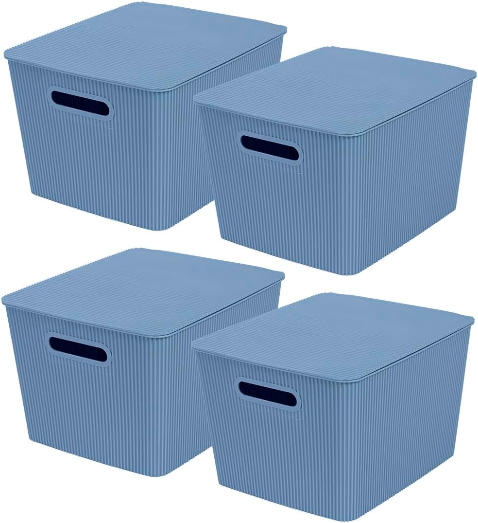 Glad Storage Baskets with Lids - Set of 4 Stackable Plastic Boxes with Handles - Decorative Shelf Organizer Bins for Bathroom and Closet, Blue, 3.1 Gallons