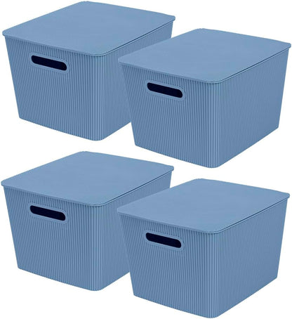 Glad Storage Baskets with Lids - Set of 4 Stackable Plastic Boxes with Handles - Decorative Shelf Organizer Bins for Bathroom and Closet, Blue, 3.1 Gallons