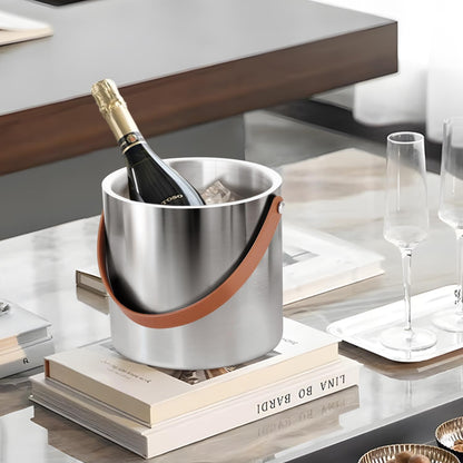 Bakpoco Double-Wall Vacuum Insulated Ice Bucket with Lid, Scoop, Ice Tong, Strainer & Leather Handle Keep Ice Frozen Longer Large Wine Ice Buckets for Cocktail Bar,Parties Chilling Beer Champagne 3L