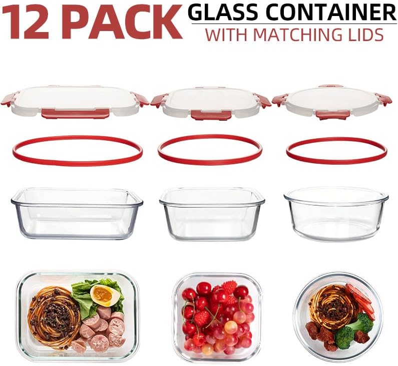 12 Pack Glass Storage Containers Transparent, Stackable Design Meal Prep Containers for Food Storage, Home, Kitchen & Pantry Organization, Microwave/Freezer/Dishwasher Safe