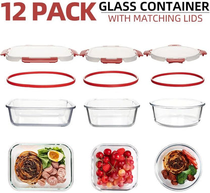 12 Pack Glass Storage Containers Transparent, Stackable Design Meal Prep Containers for Food Storage, Home, Kitchen & Pantry Organization, Microwave/Freezer/Dishwasher Safe