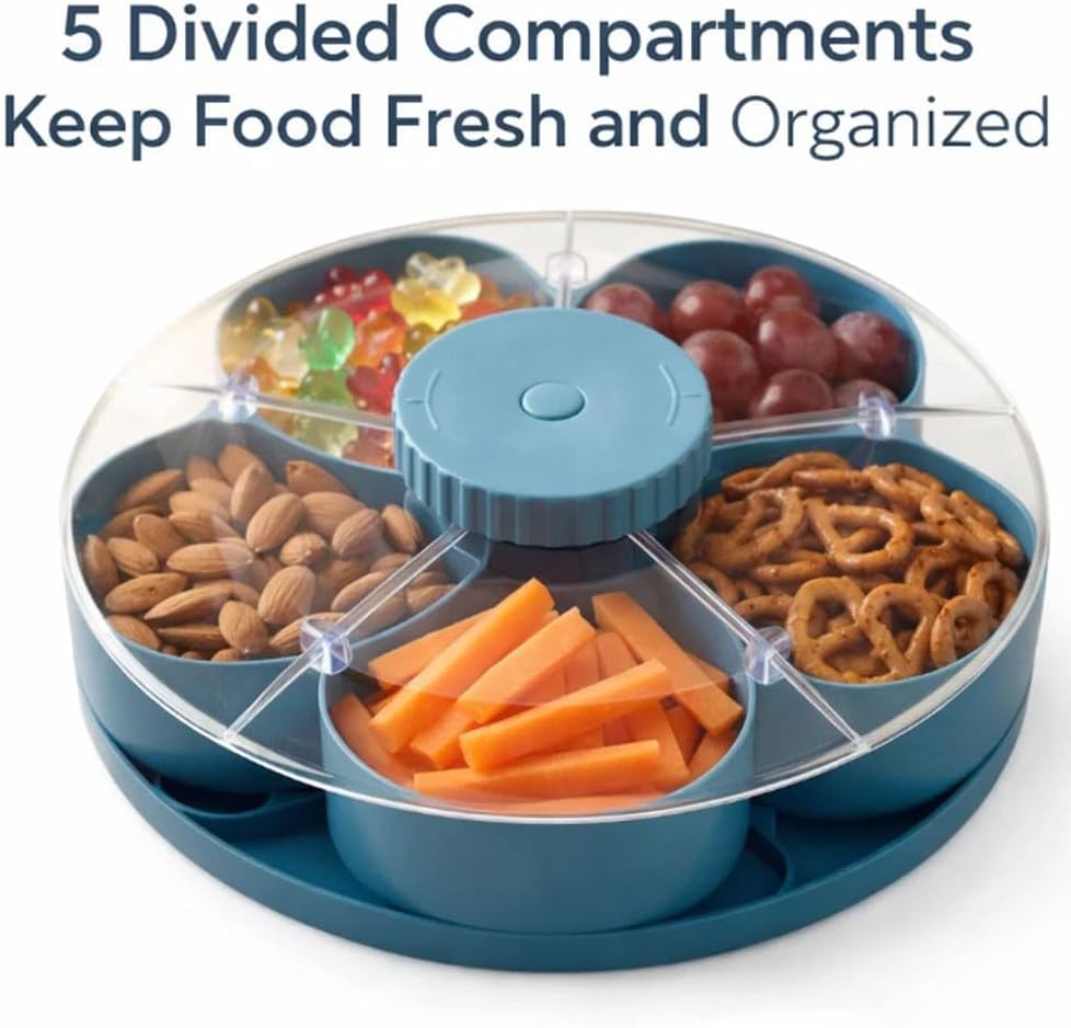 Divided Serving Tray that Spins – Multi-Compartment Rotating Snack Tray with Lid, Lazy Susan Organizer for Snacks, Dips, Fruit, Nuts, and Appetizers – Perfect for Kitchen, Travel & Picnics (Pink)