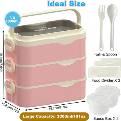 Bento Box Adult Lunch Box, Stackable 3 Layers Large Capacity Lunch Containers, Microwave and Dishwasher Safe Food Grade Containers with Utensils, Dividers and Sauce Boxes for Men, Women, Kids