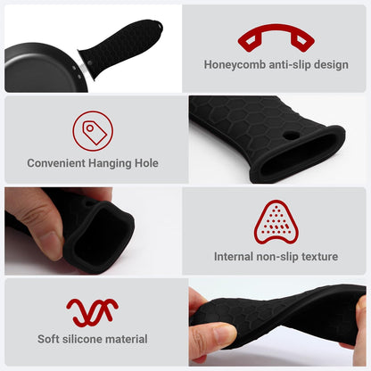 Cast Iron Handle Cover 4 Pack, Heat Resistant Material Pot Handle Holders, Non-Slip Pot Sleeve for Cast Iron Skillets, Metal Pans, Griddles (Black)