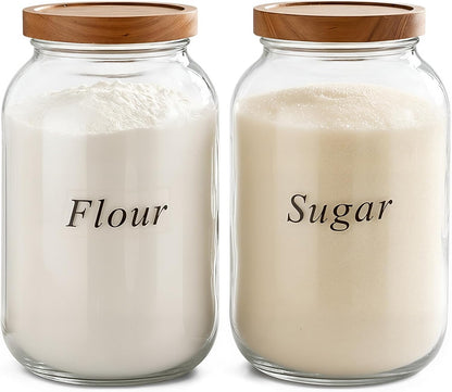 2 Pack Glass Flour Sugar Storage Containers with Acacia Wooden Lid, 1 Gallon Glass Jars with Airtight Lid, Wide Mouth Large Mason Jars 128oz for Rice, Pasta, Oats, Coffee Storage