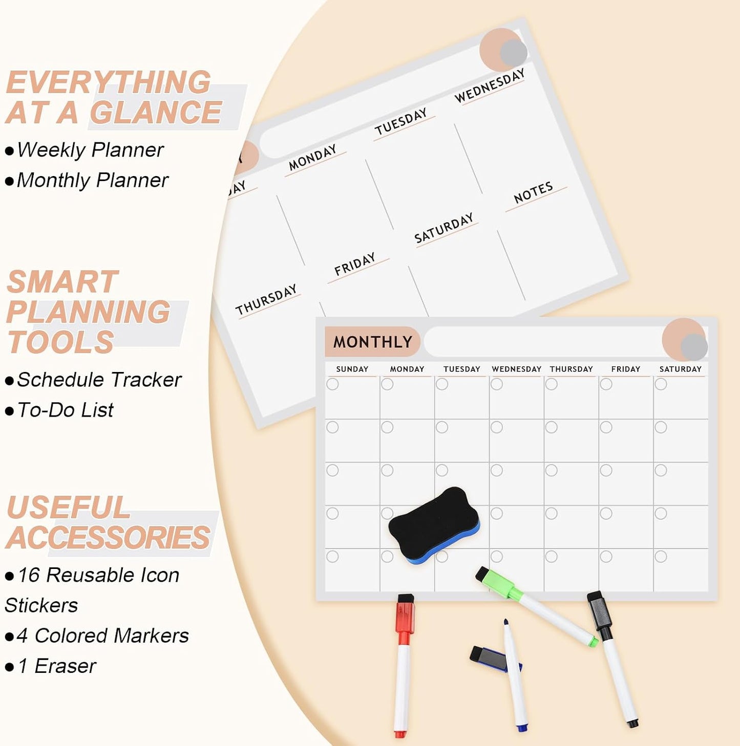 ARVOK 2 Pack A3 Magnetic Calendar for Refrigerator - 16.5"x11.6" Reusable Weekly & Monthly Planner Dry Erase Fridge Calendar Whiteboard with 4 Markers, 16 Magnets & Eraser for Family Schedule, Meal Menu, To-Do List