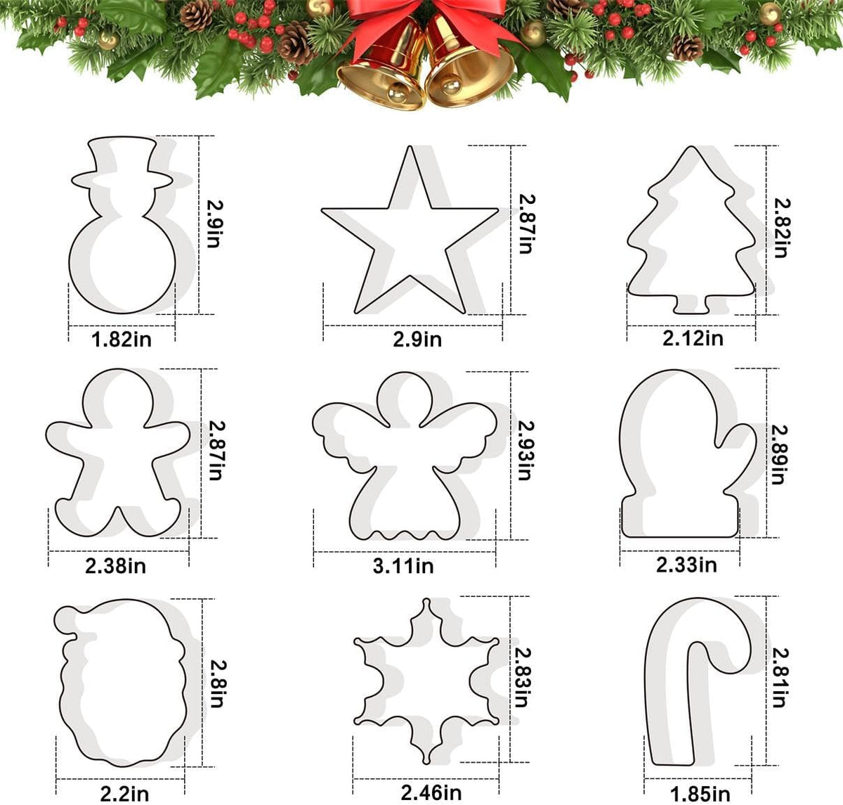 Christmas Cookie Cutters Set of 9 Pieces, Wmtidene Cookie Cutters Shapes for Winter Holiday, Metal includes Christmas Tree,Snowflake,Gingerbread Men,Angel,Star,Mitten,Candy Cane,Snowman