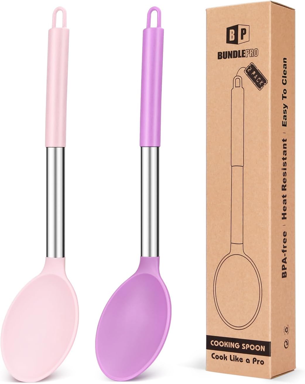 Pack of 2 Large Silicone Cooking Spoon Non Stick Solid Basting Spoons Heat-Resistant Kitchen Utensils for Mixing Serving (Gray-Blue)