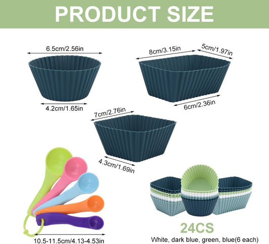 24pcs Silicone Muffin Cups,5pcs Plastic Measuring Spoons Set,Reusable Muffin Liners Silicone Cupcake Liners Lunch Box Dividers,3 Shape Non-Stick Baking Cups Cup Cake Molds Holder
