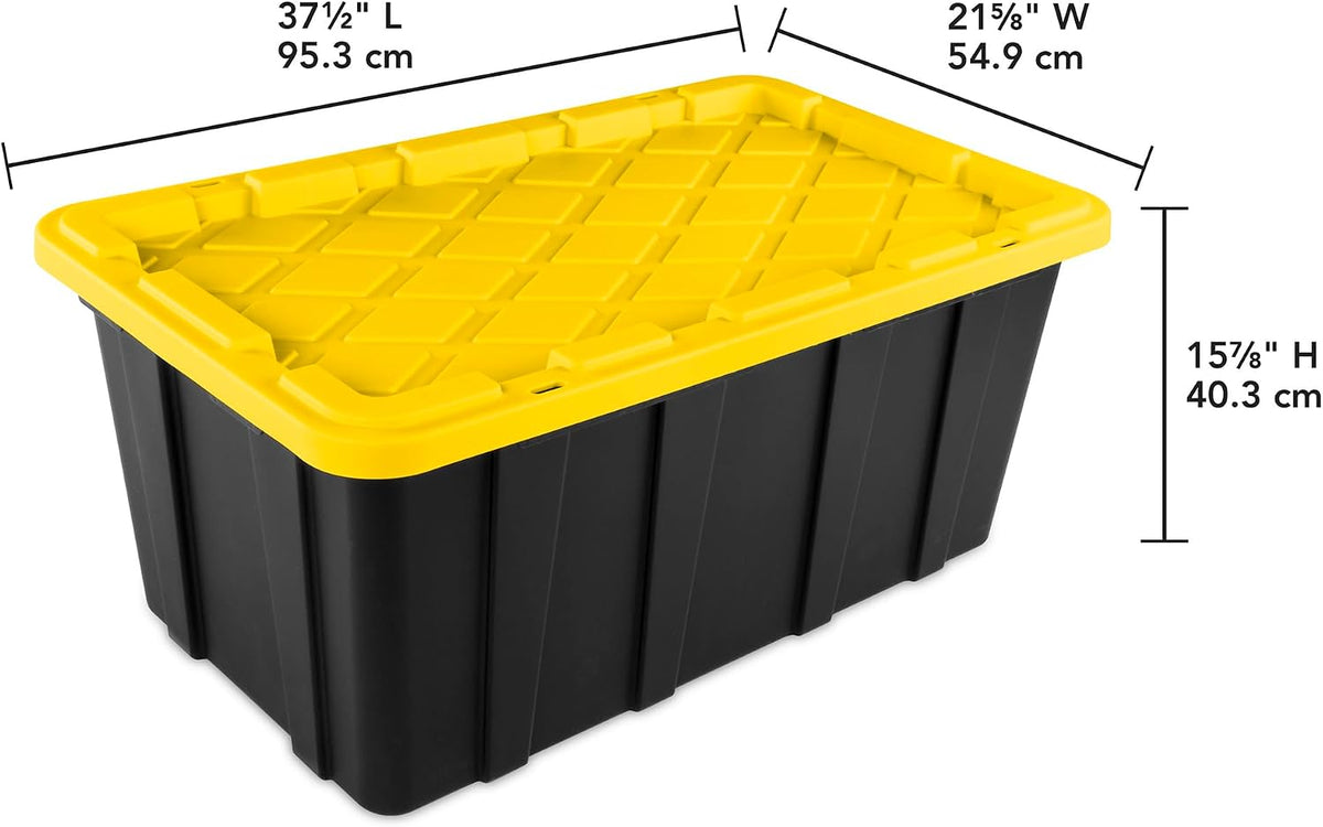 Sterilite 4-Pack 27 Gallon Industrial Storage Tote, Heavy-Duty Plastic Bins, Black/Yellow - Stackable Utility Organizers with Lids for Garage, Camping Tools, and Outdoor Gear