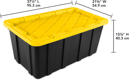 Sterilite 4-Pack 27 Gallon Industrial Storage Tote, Heavy-Duty Plastic Bins, Black/Yellow - Stackable Utility Organizers with Lids for Garage, Camping Tools, and Outdoor Gear