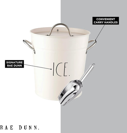 Rae Dunn Ice Bucket with Scoop - Stainless Steel Bucket with Handle, Lid and Ice Scooper - 4 Qt. Storage Bin for Ice Cubes for Bars, Parties, Backyard Barbeques, Picnics, and Camping (Black)