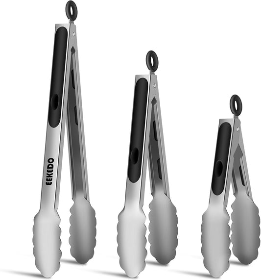 Stainless Steel Tongs for Cooking, Heat Resistant 600 Degrees Metal Kitchen Tongs with Silicone Grip, Locking Tongs for BBQ, Grilling, Serving, Salad, Dishwasher, Set of 2(9" and 12")