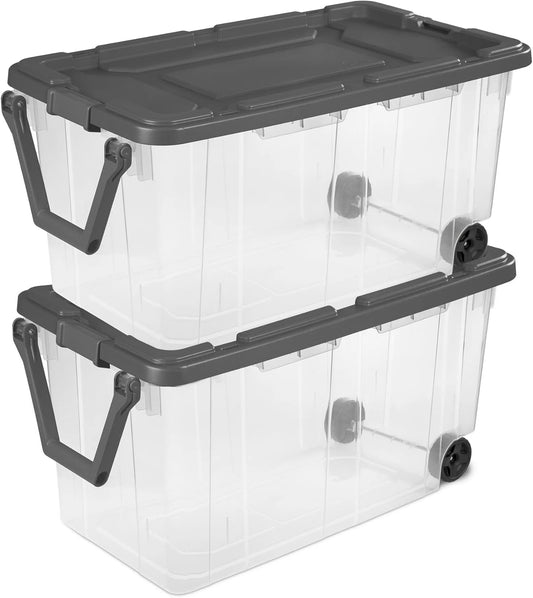 160 Quart Wheeled Storage Bin with Latch Lid, 2-Pack, Extra Large Clear Stackable Tote with Pull Handle, Gray