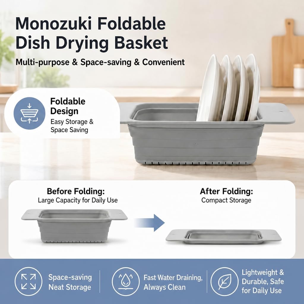 Monozuki Collapsible Colander – Space Saving Silicone Kitchen Strainer, Over The Sink Basket for Washing Fruits & Vegetables, Draining Pasta, Drying Dishes – Gray