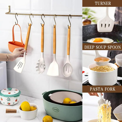 33-Piece Silicone Kitchen Cooking Utensils Set with Holder| Heat-Resistant | Non-Stick Cooking Utensils with Wooden Handles – BPA-Free Cookware Utensils set | Kitchen Tools Great for Gifting (GREEN)