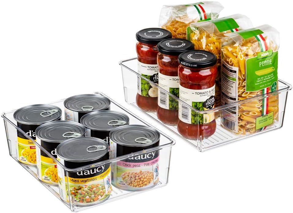 Slideep Kitchen Freezer Food Storage Bin, Plastic Refrigerator Organizer Fridge Storage Containers for Fruit, Yogurt, Snacks, Pasta 11'' 2 Pack