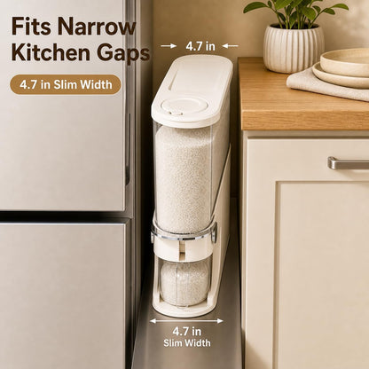 Rice Dispenser 11 Lb, Slim Rice Storage Container with Double Sealing Strip, Press to Dispense Cereal Container Airtight for Kitchen Pantry Organization, (Ivory White-11lb)