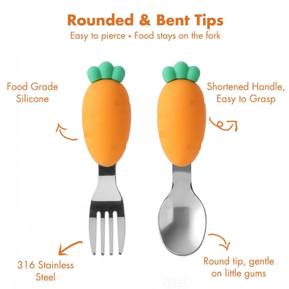 Baby Fork and Spoon Set with Carry Case Baby Training Utensils Self Feeding Toddler Silverware Silicone and Stainless Steel Kids and Toddler Utensil Set-Dinosaur