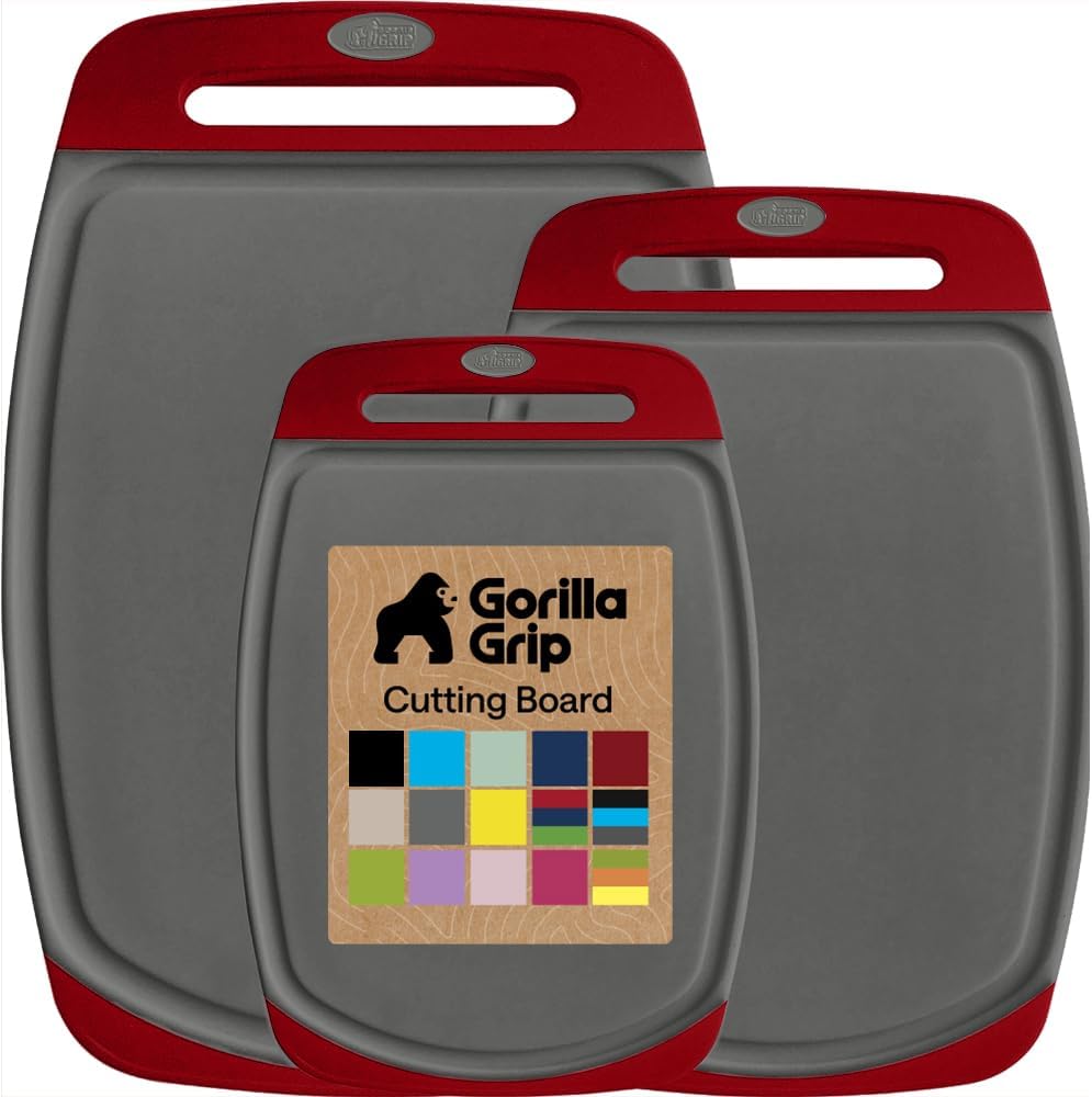 GORILLA GRIP BPA-Free Reversible Kitchen Cutting Board Set of 3, US Designed, Nonporous, Juice Grooves Catch Liquid, Slip Resistant Border, Dishwasher Safe, Durable Large Food Chopping Boards, Black