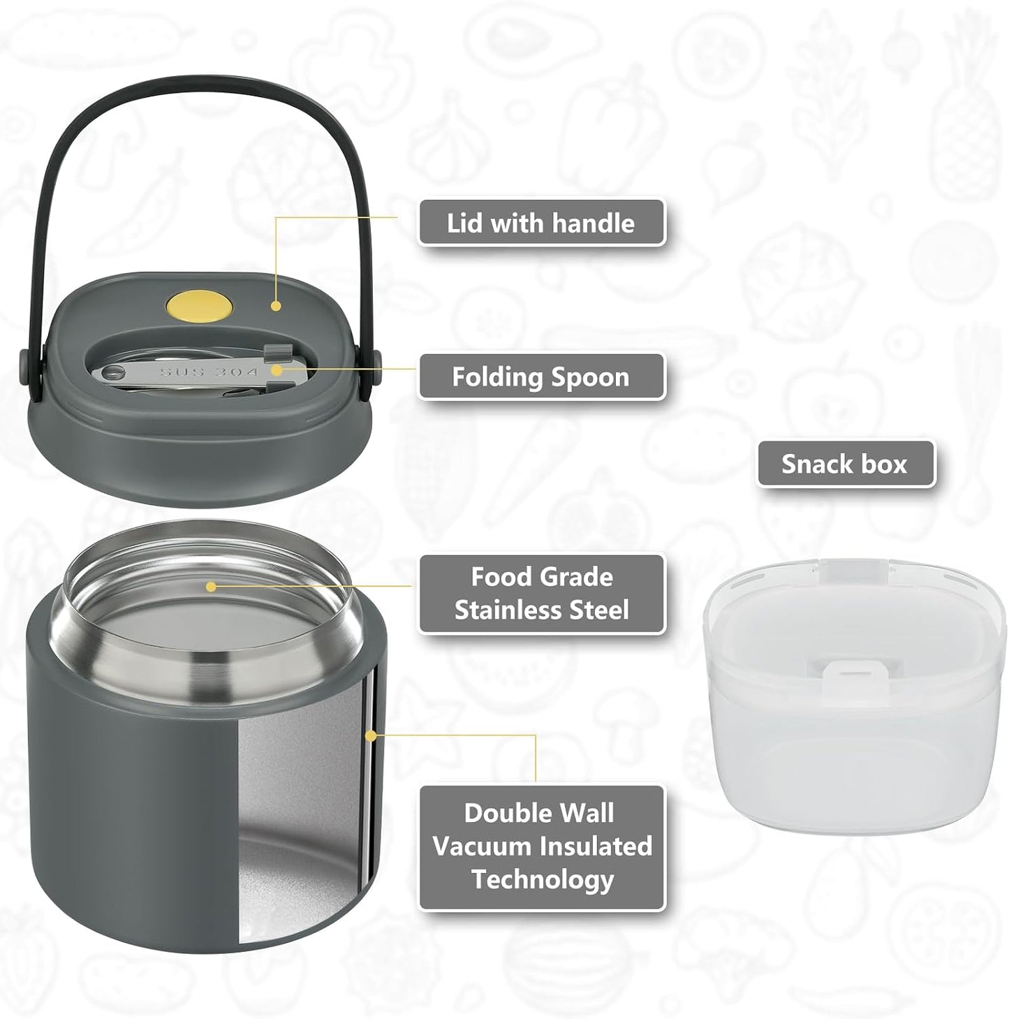 2 - in - 1 Soup Thermo for Hot Food 14oz with Snack Box Container Leak Proof Insulated Lunch Container Kids and Adults Stainless Steel Double Wall Vacuum Wide-mouth Thermal with Spoon and Handle