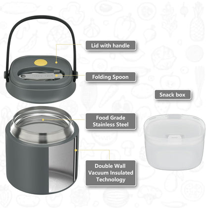 2 - in - 1 Soup Thermo for Hot Food 14oz with Snack Box Container Leak Proof Insulated Lunch Container Kids and Adults Stainless Steel Double Wall Vacuum Wide-mouth Thermal with Spoon and Handle
