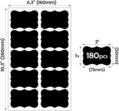JIEHENG 180Pcs Chalkboard Labels for Jars,Removable Stickers with 1 Liquid Chalk Markers(Black, Wavy)