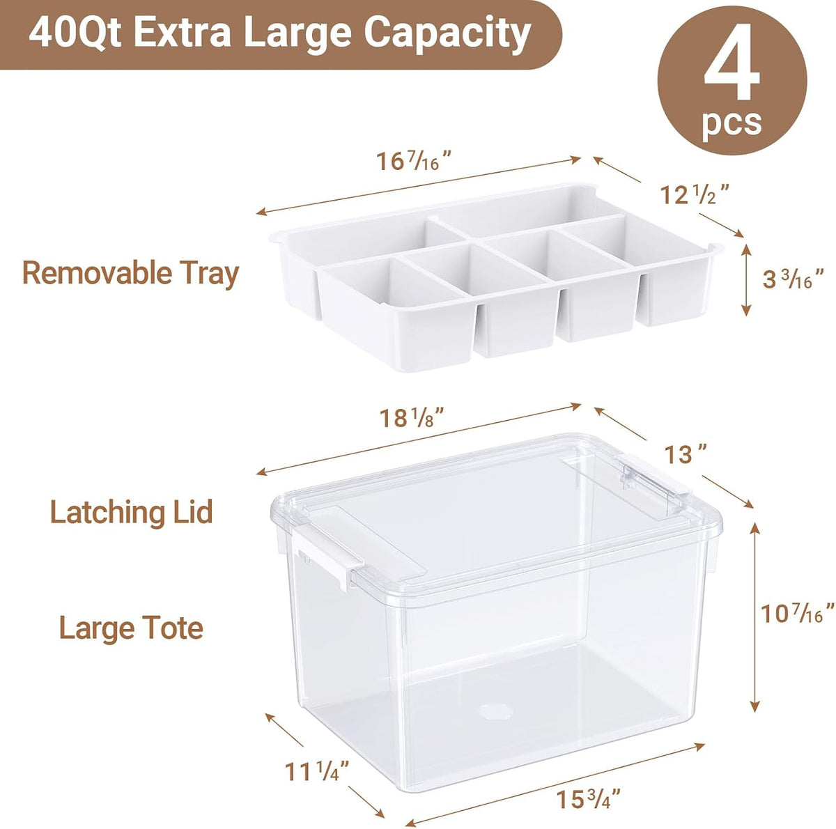 40Qt Stackable Storage Bins with Lids & Trays, Clear Plastic Latching Boxes Organizers with Dividers Portable 10Gal Containers for Arts & Crafts, Home and Car Trunk Organization, 2Pack