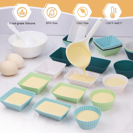 Dihmpor 24Pack Silicone Muffin Cups, Reusable Cupcake Liners Molds for Baking, 3 Shapes Lunch Box Bento Dividers-Round, Square, and Rectangular (Neutral Colors, Regular Size)