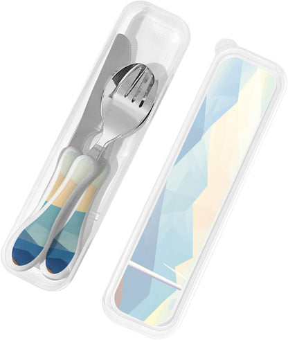 Stainless Steel Kids Silverware Set, Windmill Flat Illustration Utensil Set Reusable Children Safe Knife Spoon Fork Set With Storage Case Dishwasher Safe For Lunch, Travel Outdoors