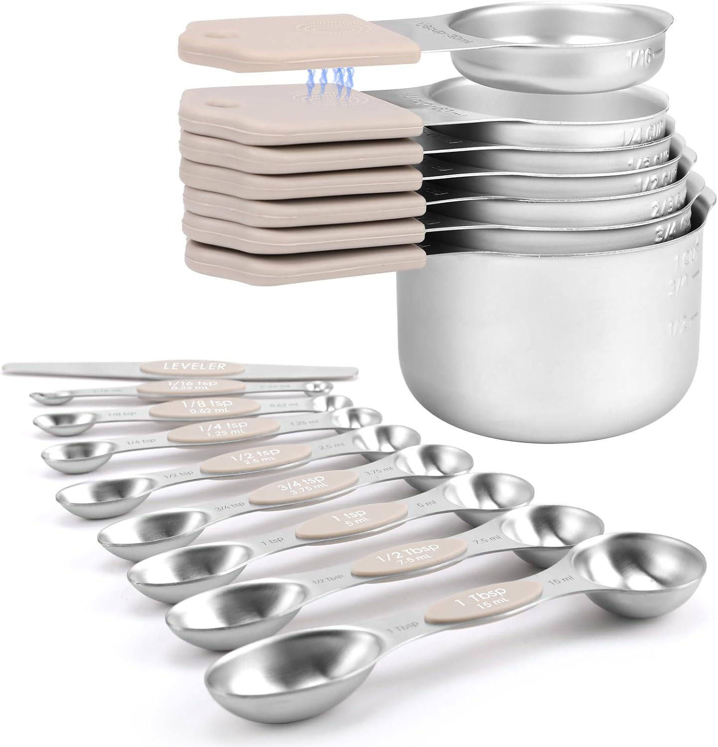 Magnetic Measuring Cups and Spoons Set-Heavy Duty 304 Stainless Steel，Double Measurement Markings，Set of 16 with Leveler for Measure Dry and Liquid Ingredients (Black)