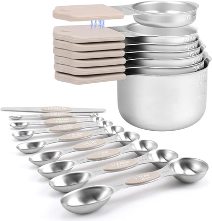 Magnetic Measuring Cups and Spoons Set-Heavy Duty 304 Stainless Steel，Double Measurement Markings，Set of 16 with Leveler for Measure Dry and Liquid Ingredients (Black)