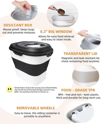 30-35 Lbs Dog Food Storage Container Collapsible Dog Food Container with Airtight Lids, Wheels, Scoop and 2pcs Food Storage Containers, Large Pet food storage for Dog, Cat