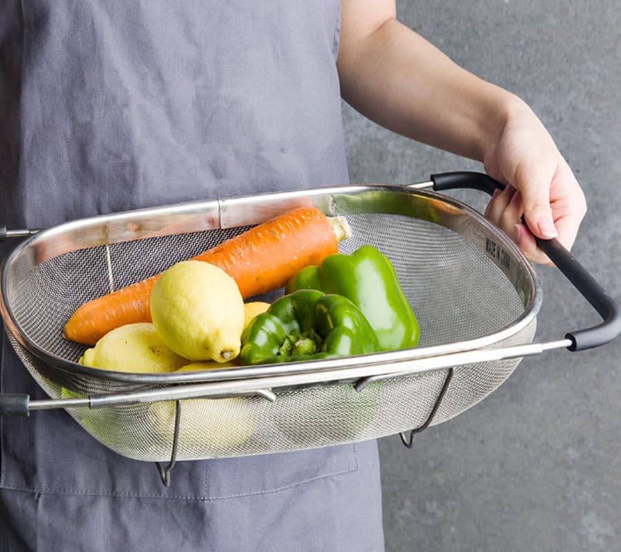 Expandable Over Sink Colander, Stainless Steel Mesh Strainer Basket with Extendable Handles, Kitchen Sink Colander for Washing Fruits, Vegetables, Pasta & Food Draining