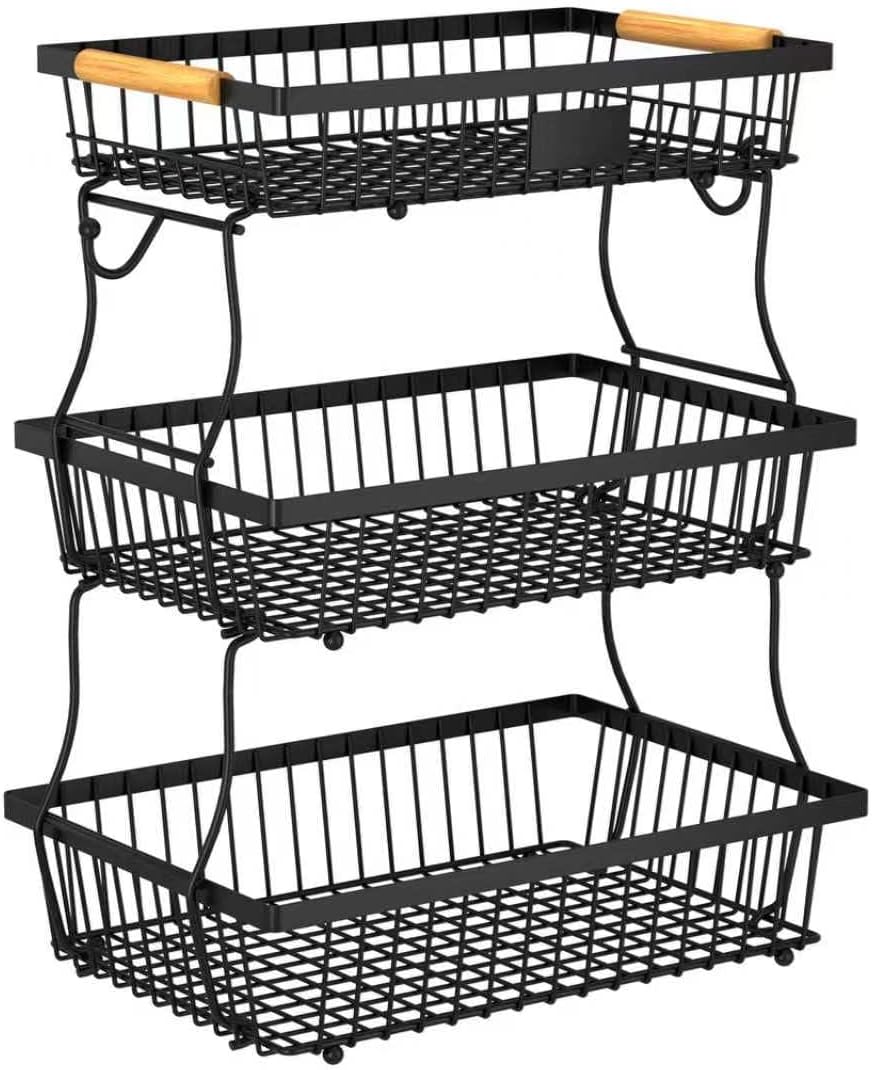 2 Tier Fruit Basket for Kitchen Counter with 2 Banana Hangers, Countertop Metal Bread Basket with Wooden Handle, Large Storage Stand for Vegetables, Snacks, Eggs, Produce Storage – Black