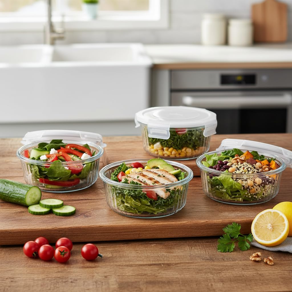 H.JSS WDJS 3Cup Round Glass Food Storage Containers with Airtight lids, 23oz Glass Meal Prep Containers, Heat-Resistant BPA-Free for Soup Leftover, Microwave, Dishwasher and Fridge Safe (white-4Pack)