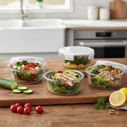 H.JSS WDJS 3Cup Round Glass Food Storage Containers with Airtight lids, 23oz Glass Meal Prep Containers, Heat-Resistant BPA-Free for Soup Leftover, Microwave, Dishwasher and Fridge Safe (white-4Pack)