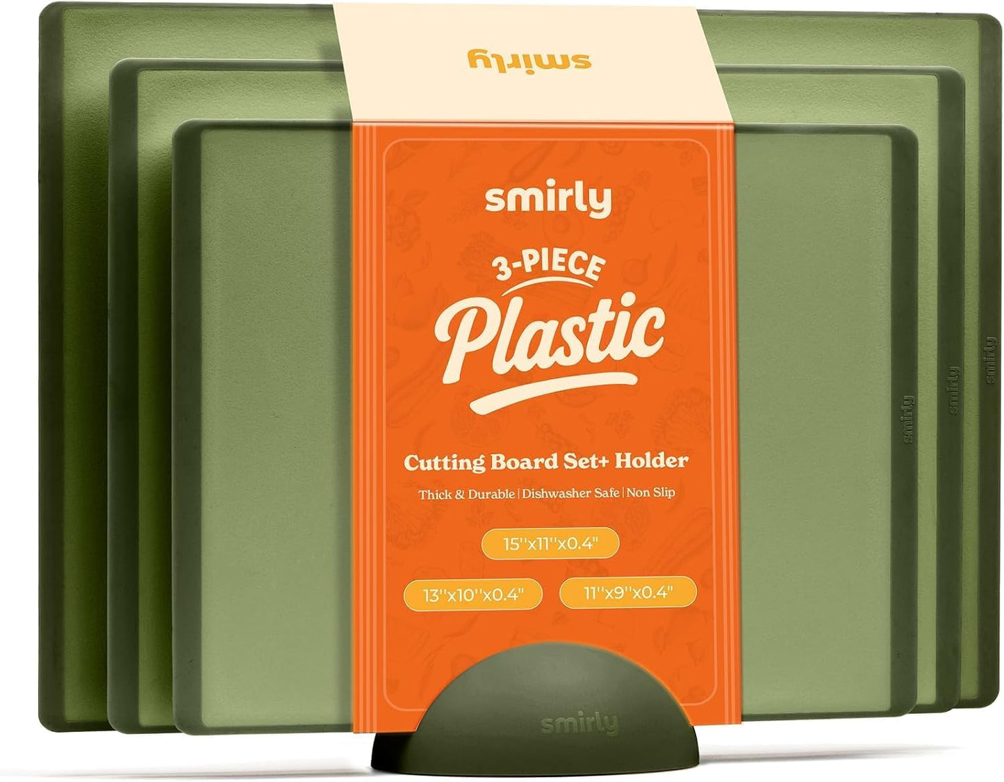 SMIRLY Plastic Cutting Board Set with Holder 3 Pieces, Non-Slip Dishwasher Safe Chopping Boards for Kitchen (Cream White)