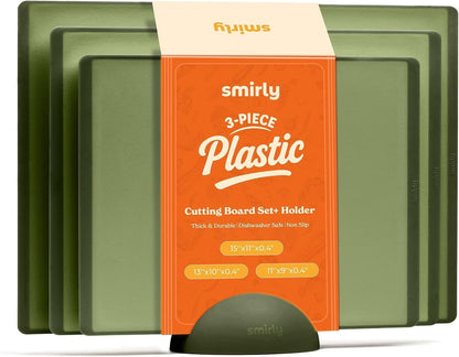 SMIRLY Plastic Cutting Board Set with Holder 3 Pieces, Non-Slip Dishwasher Safe Chopping Boards for Kitchen (Cream White)