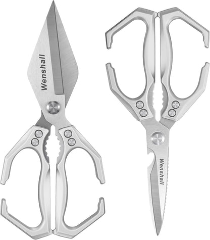 Wenshall 2-Pack Heavy Duty All-Purpose Kitchen Scissors, Japanese Stainless Steel, Kitchen Shears for Cutting Chicken, Poultry, Game, Meat - Chopping Vegetable, Dishwasher Safe,Christmas Gifts（Silver）