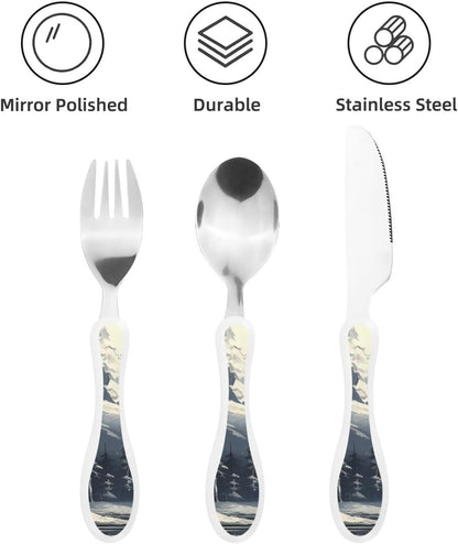 3-Piece Kids Silverware Set With Storage Case, Stainless Steel Reusable Children Safe Knife Spoon Fork Set Blue Active Girl Running Sunset Children Flatware Set For Kids Lunch Box - Colors C