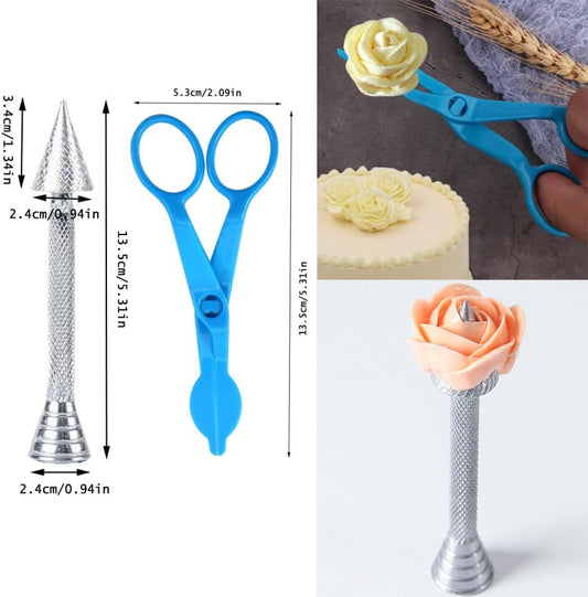 4 Pack Cake Decorating Flower Nails Rod Cone Standing Base Holder and Floral Scissors Lifter Clip for Cream Transfer Piping Cupcake Icing Tips Decoration Rose DIY Pastry Baking Tools Set