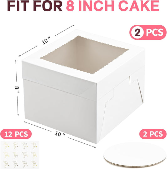 ZORRITA 2 Pack Cake Boxes, 10 x 10 x 8 Inches Tall Cake Boxes with Cake Boards, Disposable Cake Containers with Lids and Window for Wedding, Birthday, Party