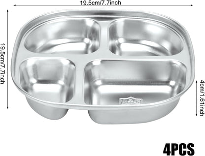 4-Pack Stainless Steel Divided Plates with Lids –Portion Control Meal Trays for Balanced Meals – BPA-Free, Shatterproof, Dishwasher Safe – Ideal for Home, Travel, School (Colorful-3-Section)