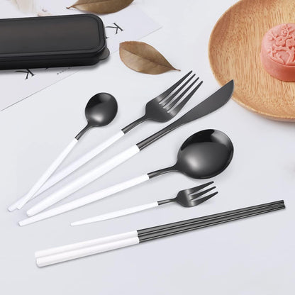 AARAINBOW 8 Pieces Stainless Steel Flatware Set Portable Reusable Cutlery Set Travel Utensils Set Including Chopsticks Knife Fork Spoon Straws Cleaning Brush Dishwasher Safe (Pink Golden)