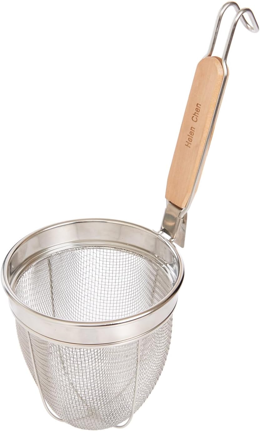 Helen's Asian Kitchen Deep Spider Strainer, 6-Inch Stainless Steel Mesh Basket With Bamboo Handle, For Noodles, Dumplings, Wontons, Deep Frying, And Draining Tasks